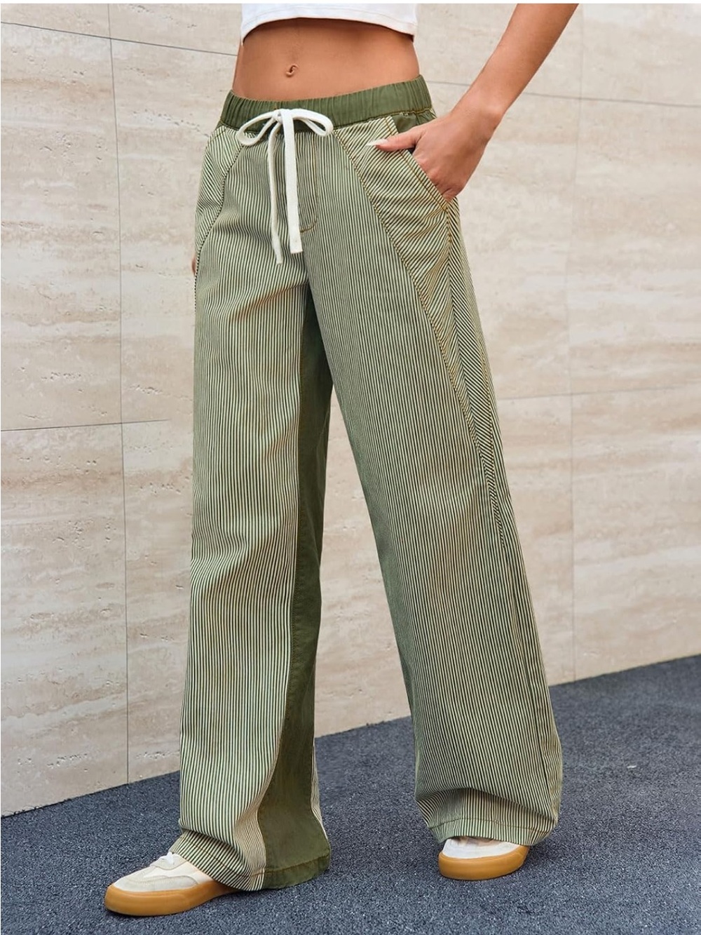 Amazon Olive Green Striped Wide Leg Drawstring Pants - Women